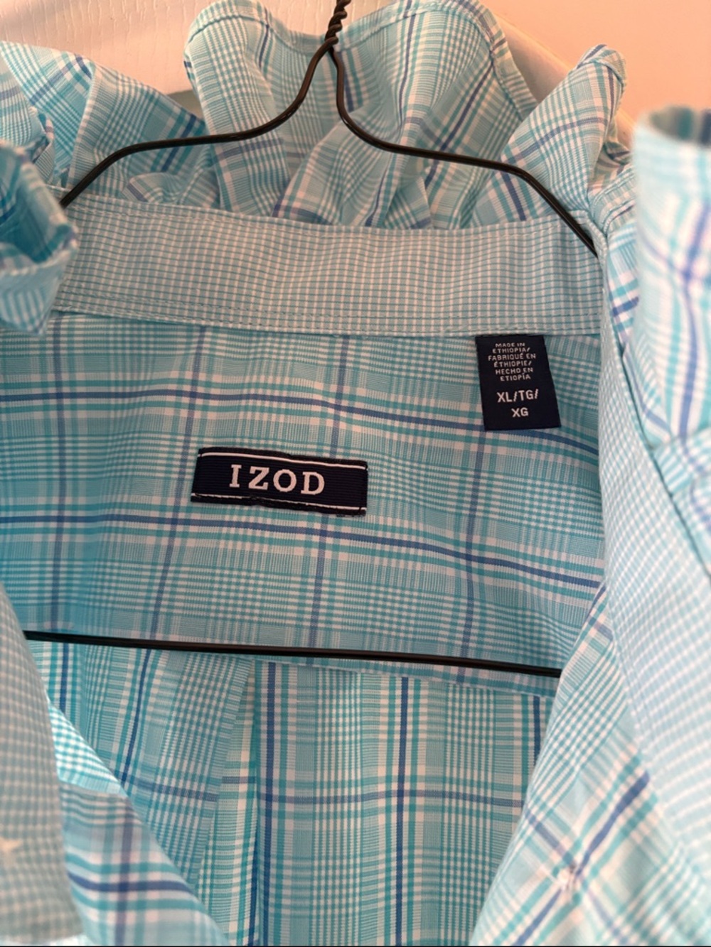 Izod up-cycled ruffle collar shirt Light Blue Plaid Button-Down Shirt - Picture 2 of 4
